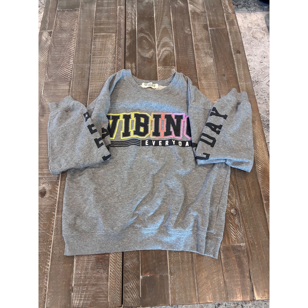 Wound Up Vibing Everyday Graphic Sweatshirt Gray Neon Pullover L 11-13